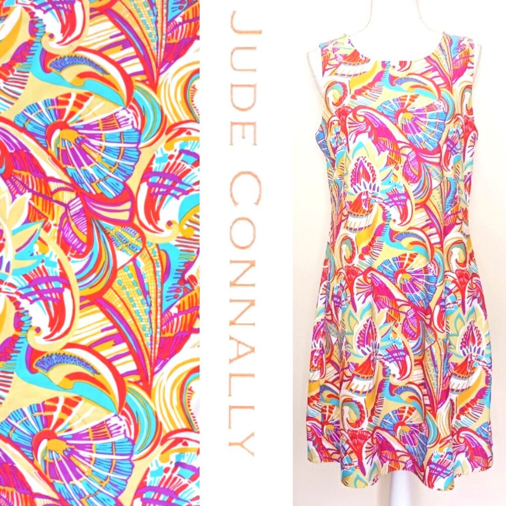 Jude Connally Bright Tropical Print Sleeveless Shift Dress Sz M Made in USA